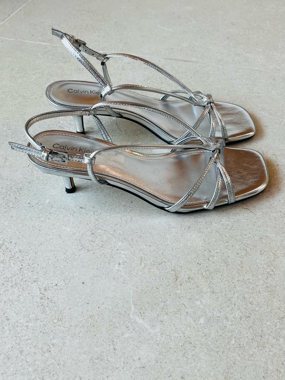 Calvin Klein Metallic Silver Strappy Slingback Heels
